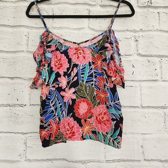 Miss Me Women's Multicolored Floral cold shoulder Cropped Top Small Tropical - Picture 2 of 12